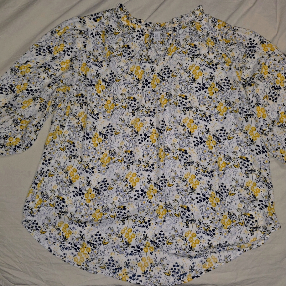 Floral Blouse with Yellow and Blue Accents